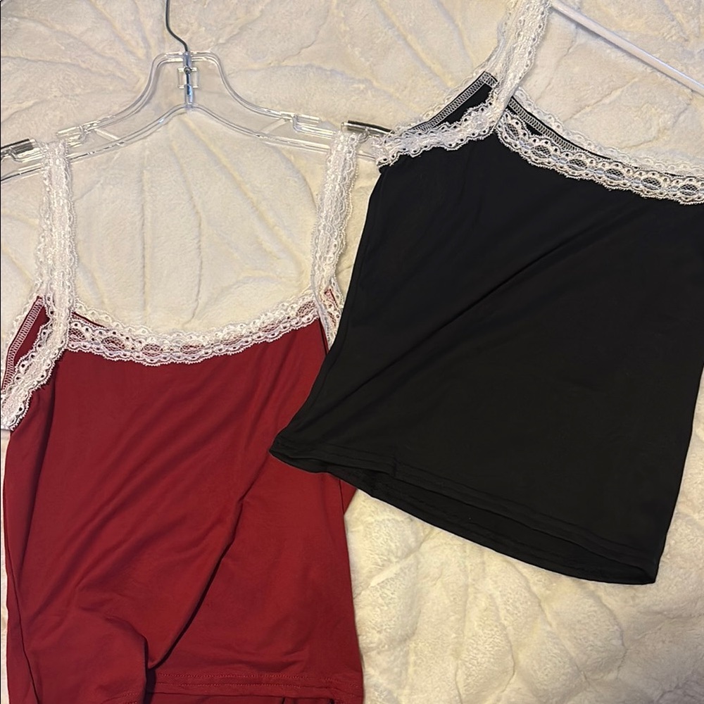SHEIN Red and Black Camisoles with Lace Trim
